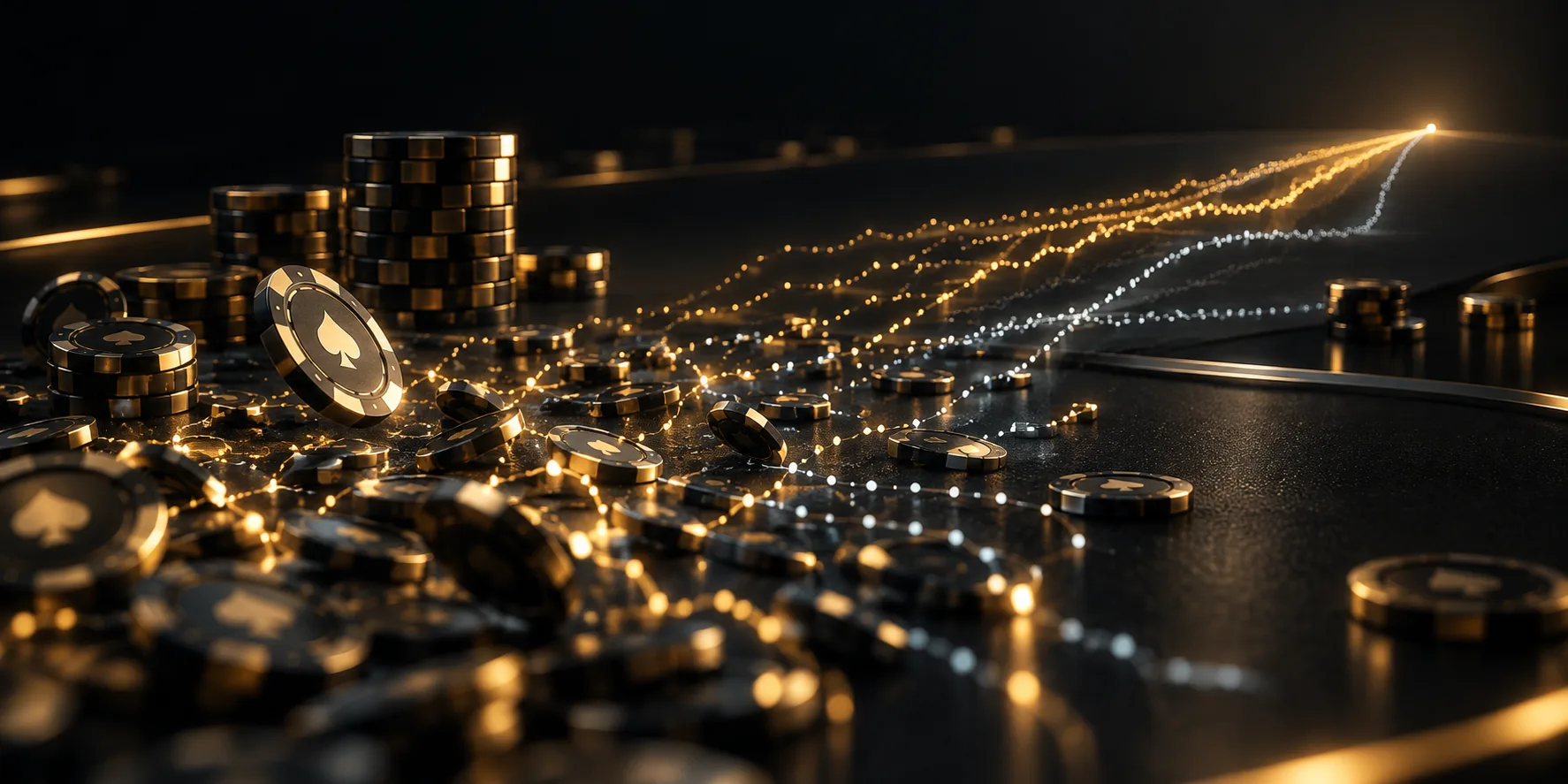 Black and gold poker chips scattered across a dark table, with glowing trails of light converging on a single distant point.