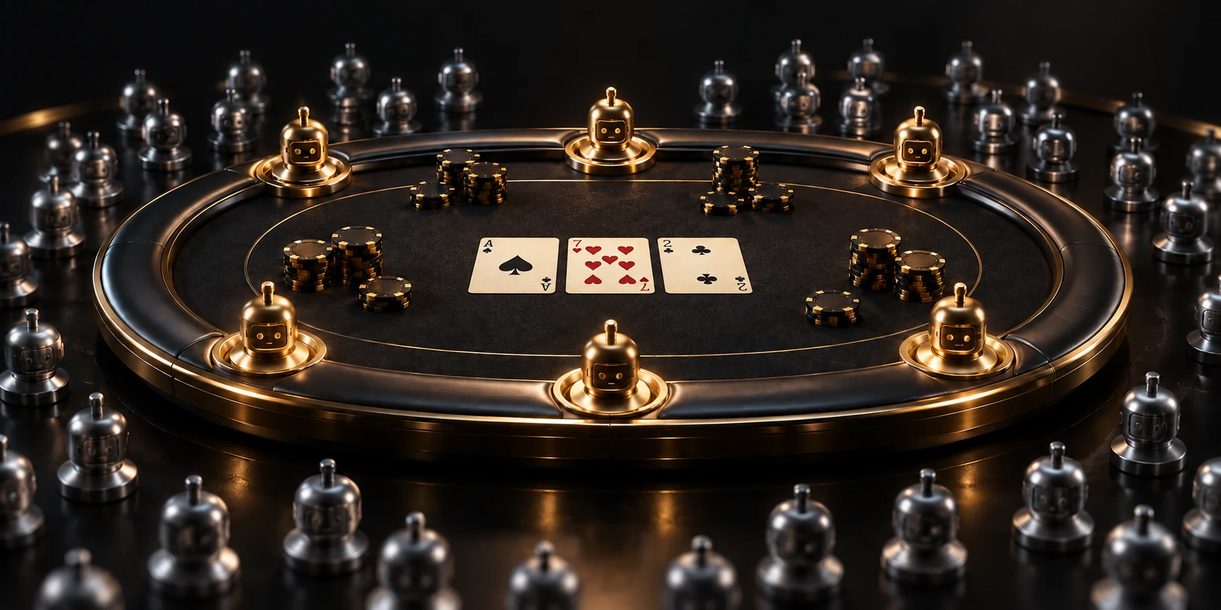 Six gold agent pieces occupy a black poker table, surrounded by silver contenders, with three face-up cards on the felt.